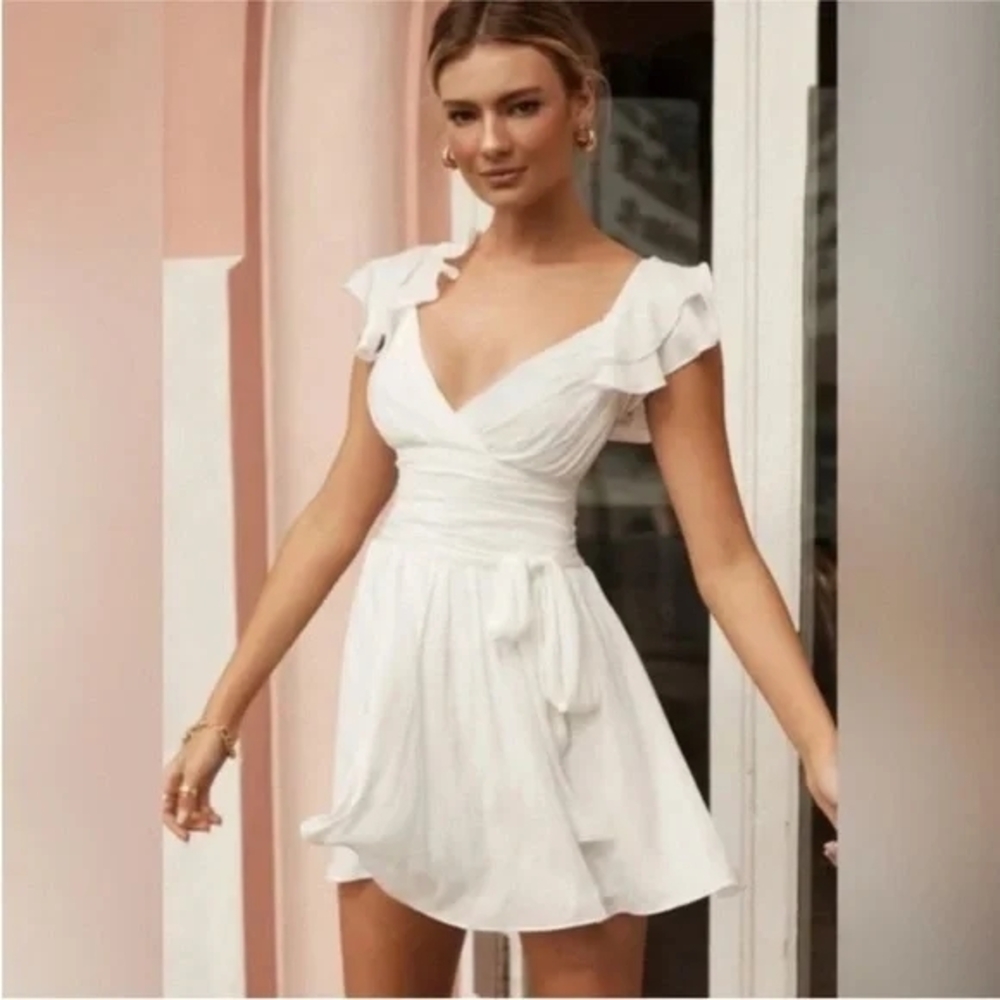 SOLD Selfie Leslie White Mini Dress with Ruffle Sleeves